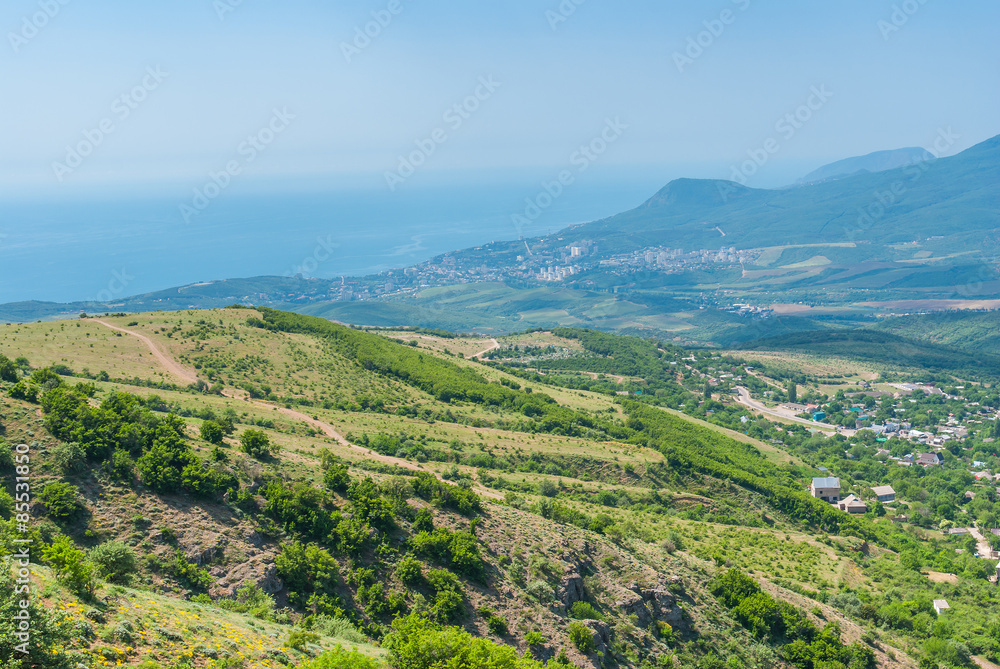 View on a Black Sea shore near Alushta city from Crimean mountains