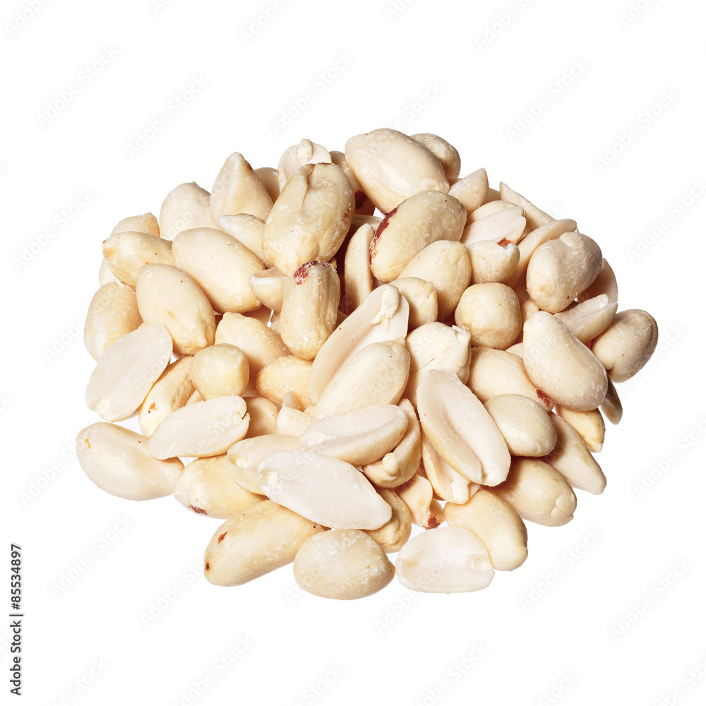 Peeled salted peanuts isolated on white background.