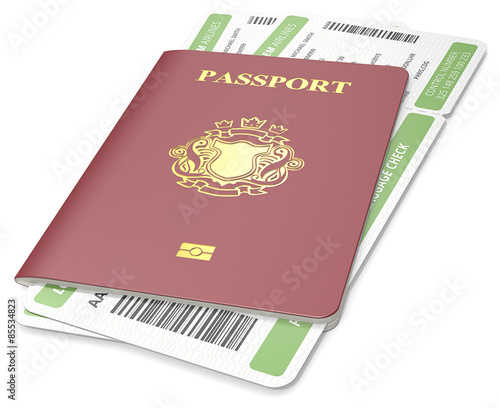Passport and ticket. Dark red Passport and green Boarding Pass. Non-Country golden Blazon.