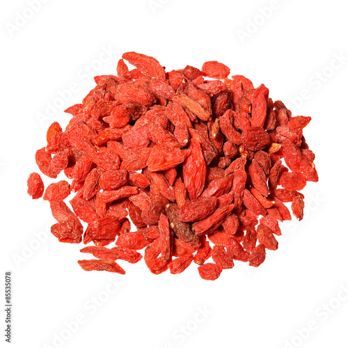 Heap of dried goji berries isolated on white background.