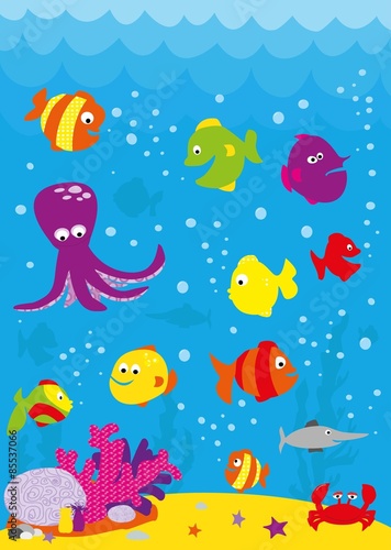 Underwater scene with colorful fish and octopus © katarzyna b