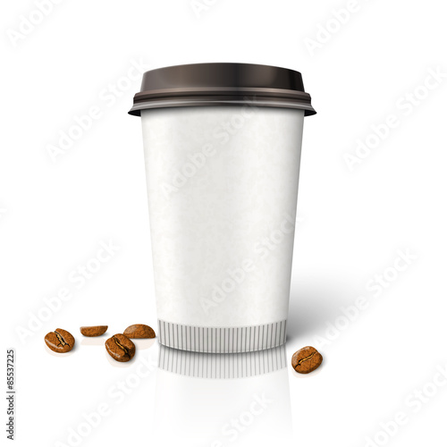 Blank realistic vector paper coffee cup with beans.