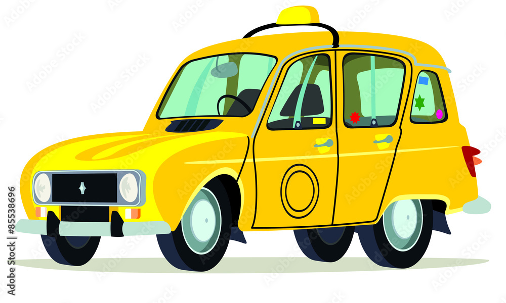 Caricatura Renault 4 taxi madagascar amarillo vista frontal y lateral
