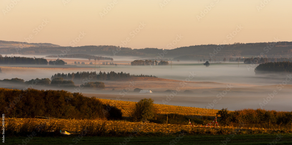autumnal landscape in fog, Sumava, Czech Republic