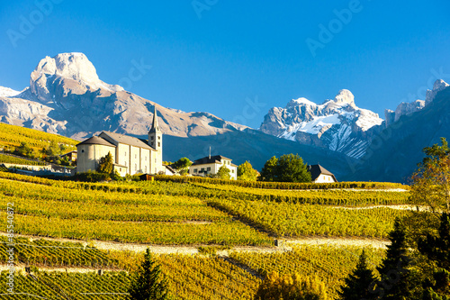 Tableau sur toile vineyards below church at Conthey, Sion region, canton Valais, S