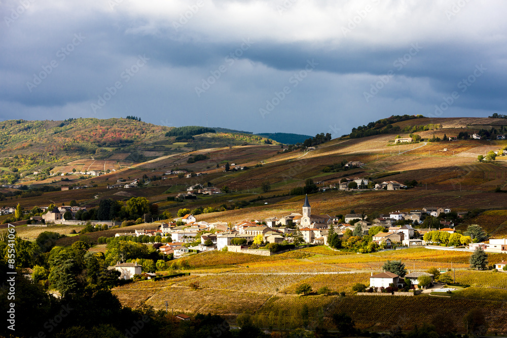village Julienas with vineyards in Beaujolais, Rhone-Alpes, Fran village Julienas with vineyards in Beaujolais, Rhone-Alpes, Fran