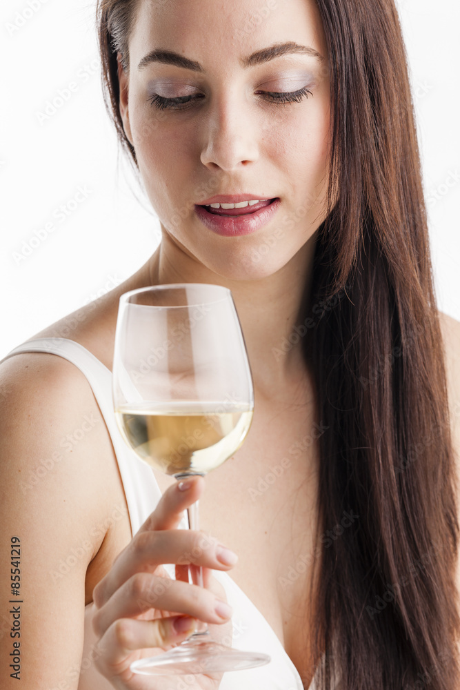 portrait of young woman with a glass of white wine portrait of young woman with a glass of white wine