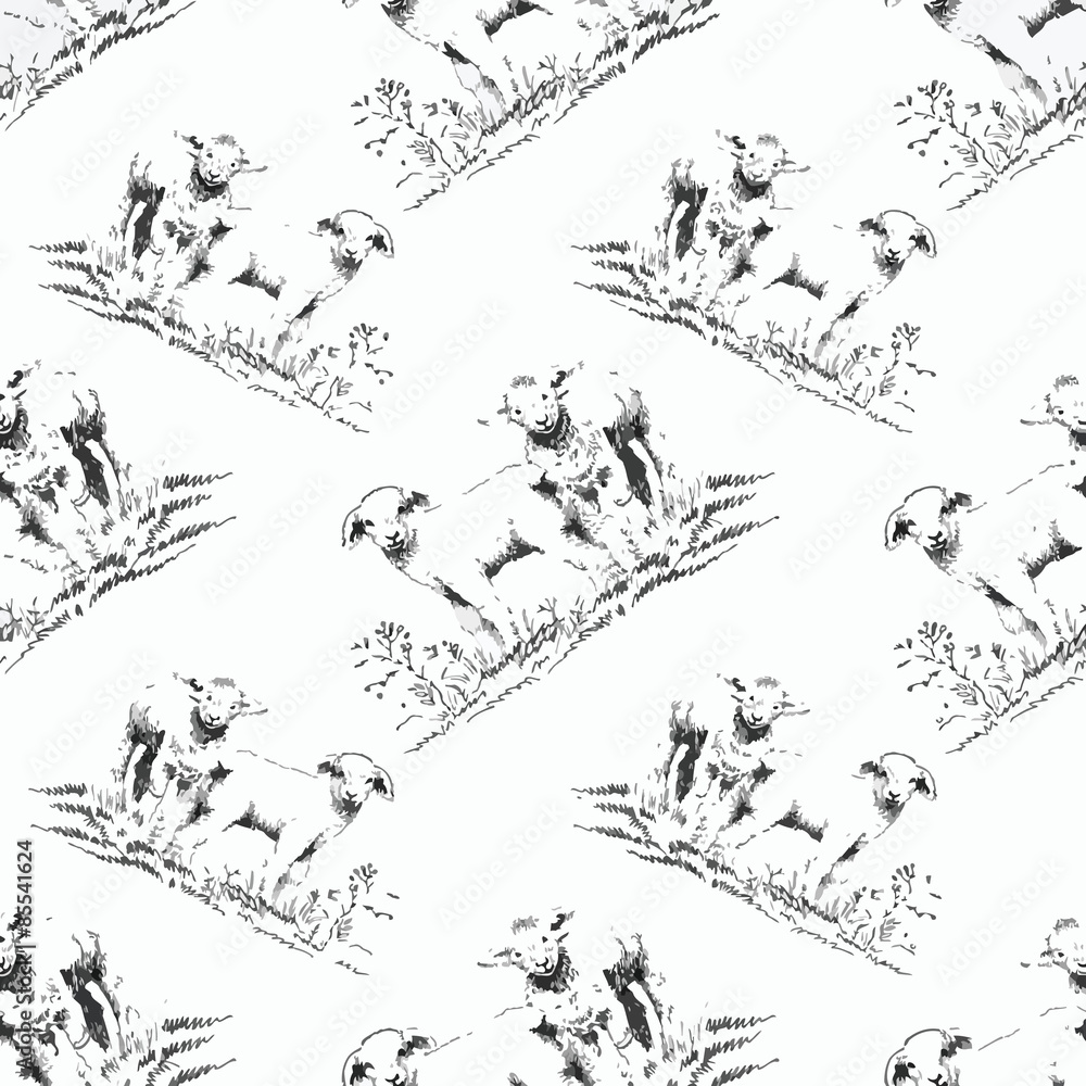 Goats and lambs on the field seamless pattern Goats and lambs on the field seamless pattern