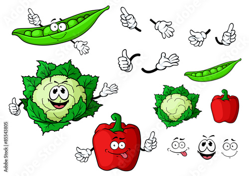 Cartoon cauliflower, bell pepper and pea pod vegetables