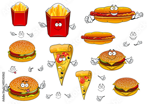 Fast food french fries, pizza, hotdog and burgers