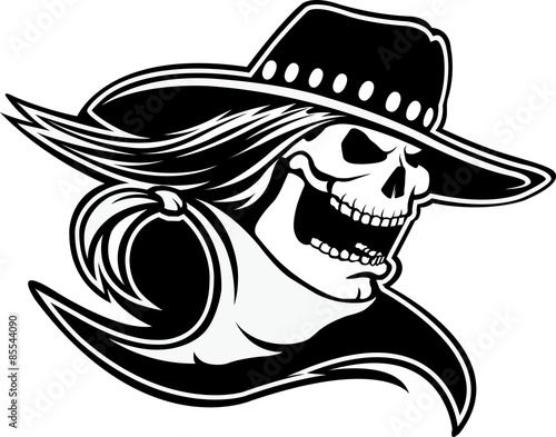 Cowboy Skull
Cartoon black and white skull with western hat and bandana.