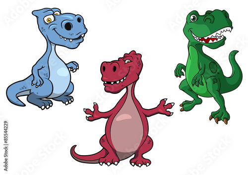 Cartoon blue, green and purple t-rex dinosaurs