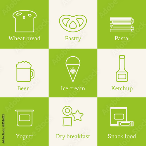 Set of outline icons with allergic gluten products: bread