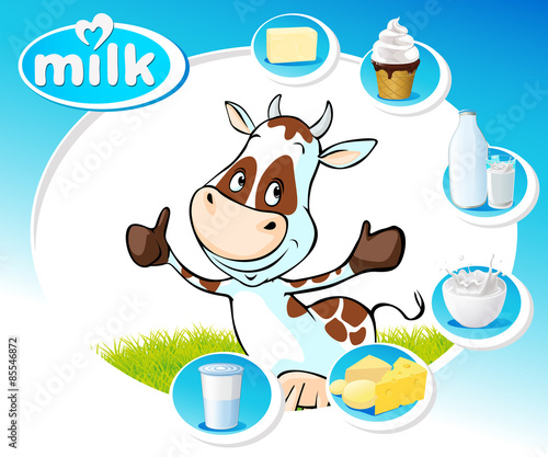 blue design with dairy products and funny cow - vector illustration