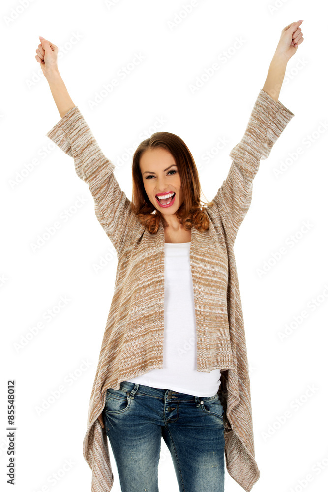 Happy woman with hands up. Happy woman with hands up.