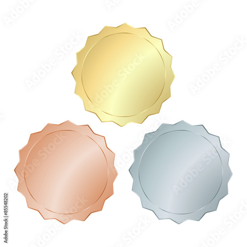 empty Blank Set  vector templates for coin, price tags, sewing buttons, buttons, icons or medals with gold, silver, bronze  shiny metal texture