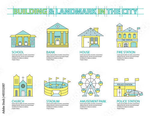 Set of Flat line icon & infographic design concept, Buildings la