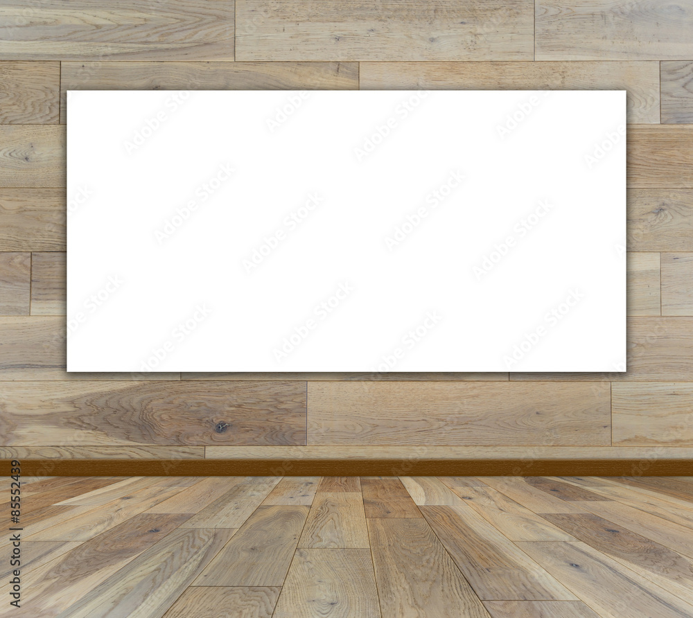 Blank white paper frame on wall in wood room. Copy space for information message design Blank white paper frame on wall in wood room. Copy space for information message design