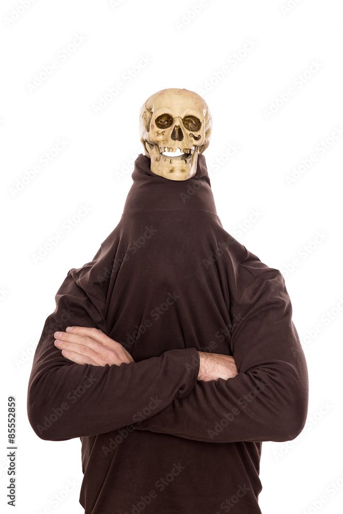 Mann mit Totenkopf auf dem Kopf Mann mit Totenkopf auf dem Kopf