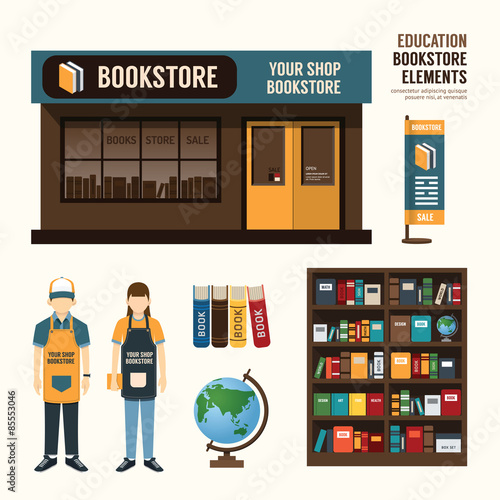 Vector bookstore set design, shop store, package, t-shirt, cap,