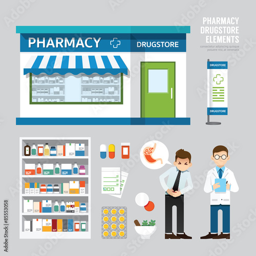 Vector pharmacy drugstore set design, shop store, package