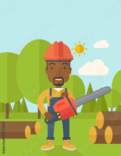 Black Lumberjack cuts a tree by chainsaw.