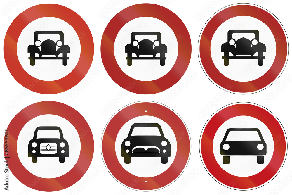 Collection of historic and modern (bottom right) traffic signs prohibiting thoroughfare for cars in Germany