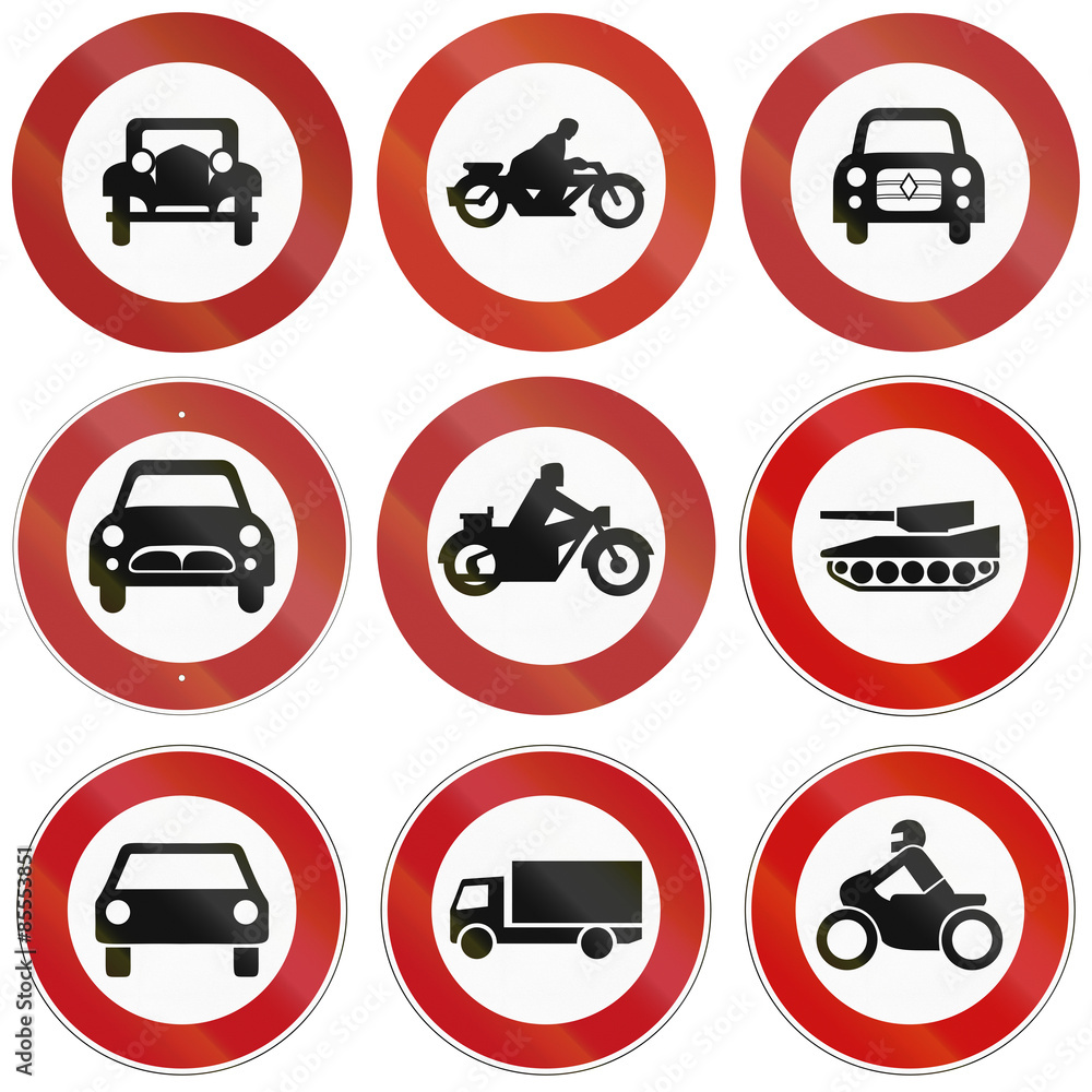 Collection of historic and modern (bottom) signs prohibiting thoroughfare for different vehicles in Germany