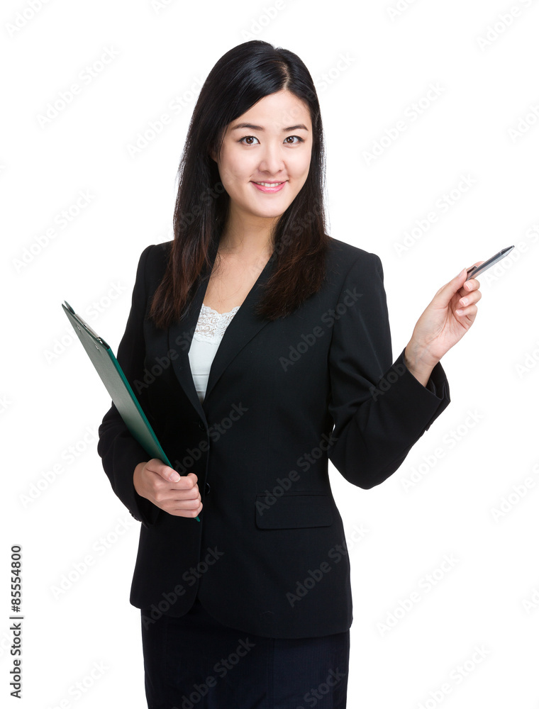 Businesswoman hold clipboard and pen point up Businesswoman hold clipboard and pen point up