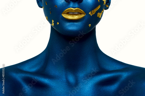 Fotografie Beauty female Model with blue Skin and gold Lips