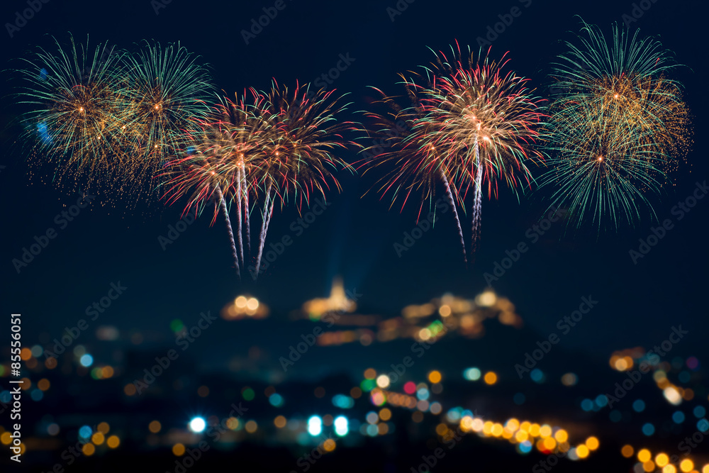 Beautiful firework display for celebration with blur bokeh light Beautiful firework display for celebration with blur bokeh light