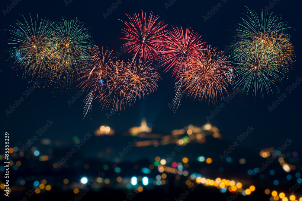 Beautiful firework display for celebration with blur bokeh light