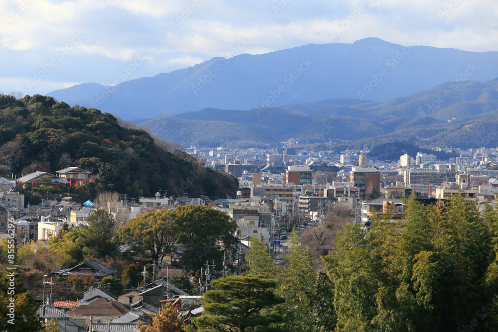 Kyoto, Japan - city in the region of Kansai. Aerial view with sk