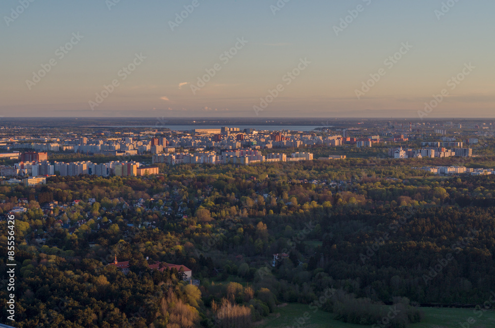 Sunset over Tallinn city residential area, aerial view