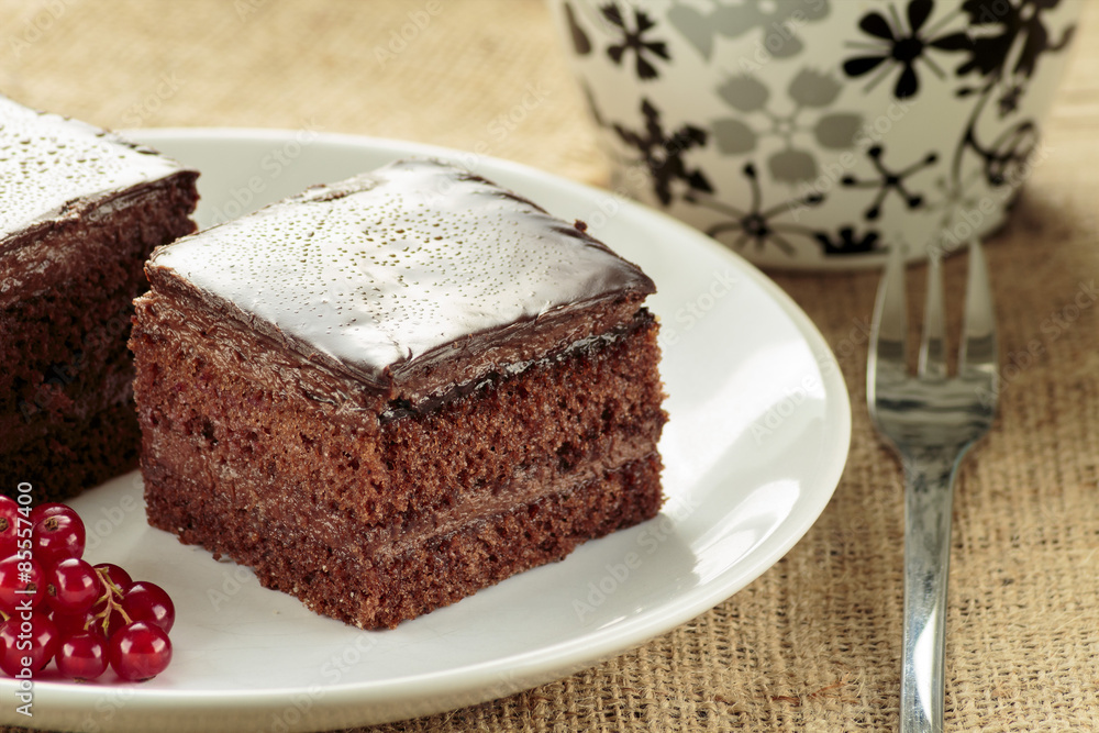 Chocolate cake cut in square shape Chocolate cake cut in square shape