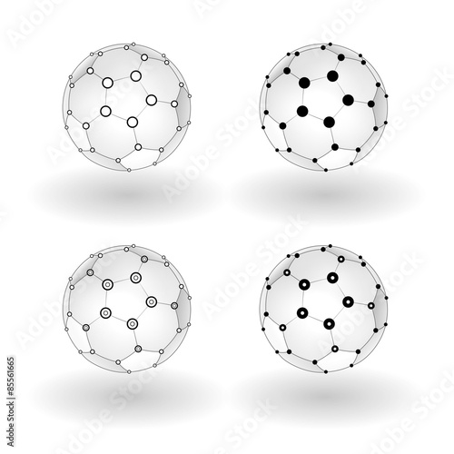 Set of  wireframe soccer ball with connected lines and dot.