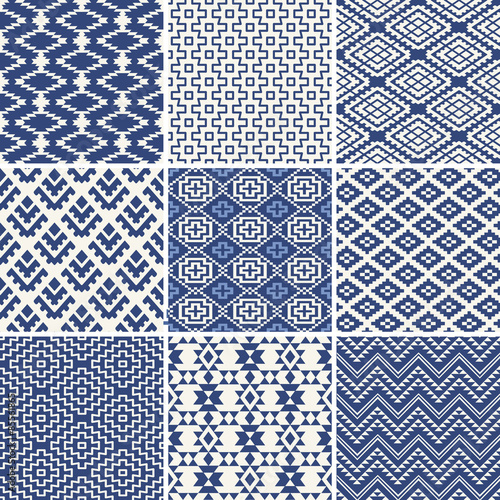 Geometric seamless ethnic background collection in blue and white