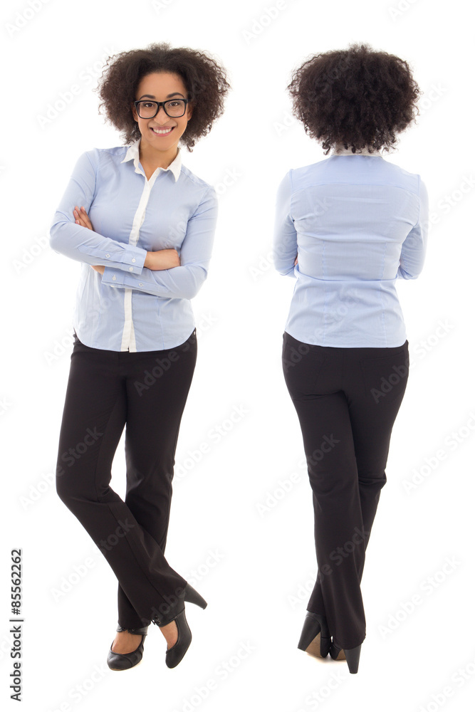 front and back view of happy african american business woman iso front and back view of happy african american business woman iso
