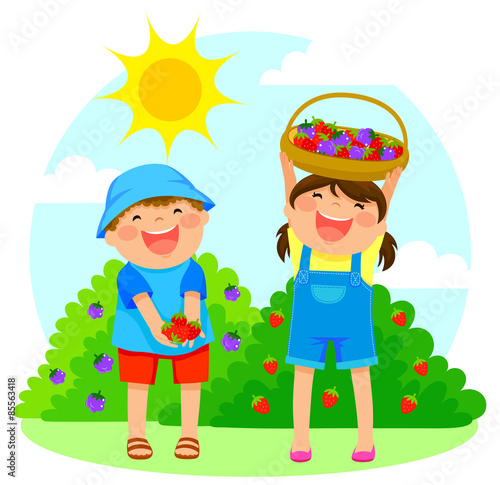 happy kids collecting fruit