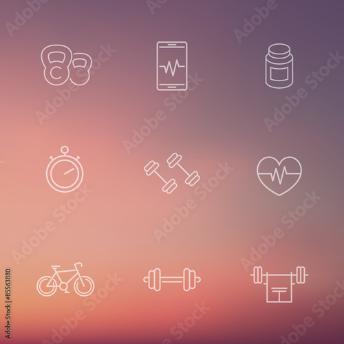 line fitness, gym white icons on blur background