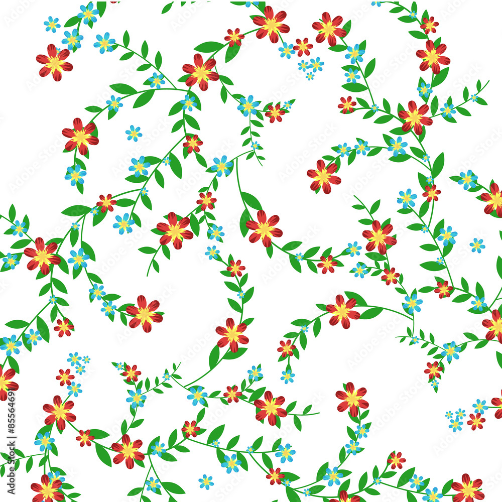 Green branch with leaves and red and blue flowers on a white background. Vector illustration