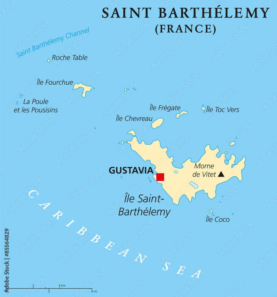 Saint Barthelemy political map with capital Gustavia, also called St. Barts  or St. Barths is an overseas collectivity of France. English labeling and  scaling. Illustration. Stock Vector