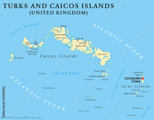 Turks and Caicos Islands political map with capital Cockburn Town. British Overseas Territory with two groups of tropical islands in the Lucayan Archipelago. English labeling.