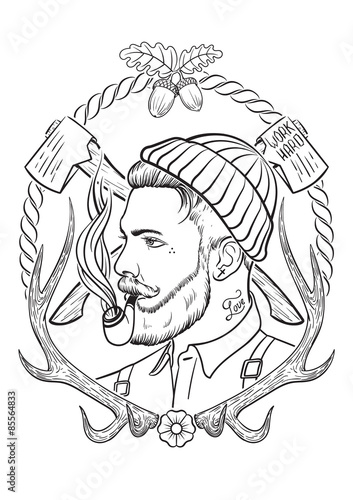 Hand drawn with lumberjack tobacco pipe.