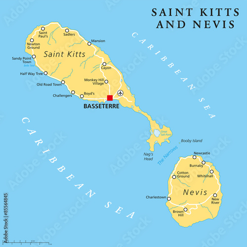Saint Kitts and Nevis political map with capital Basseterre is a two-island country in the West Indies, located in the Leeward Islands. English labeling and scaling. Illustration.