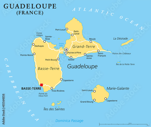 Guadeloupe Political Map with capital Basse-Terre, an overseas region of France, located in the Leeward Islands, part of the Lesser Antilles in the Caribbean. English labeling.