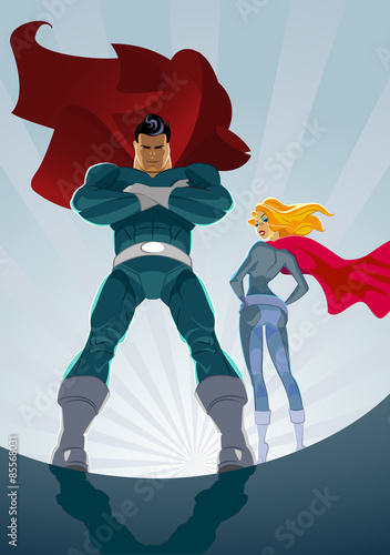 Superhero Couple: Male and female superheroes on a skyscraper ro