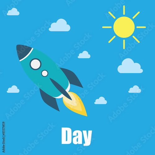 rocket in the daytime sky with clouds and sun. vector. isolated