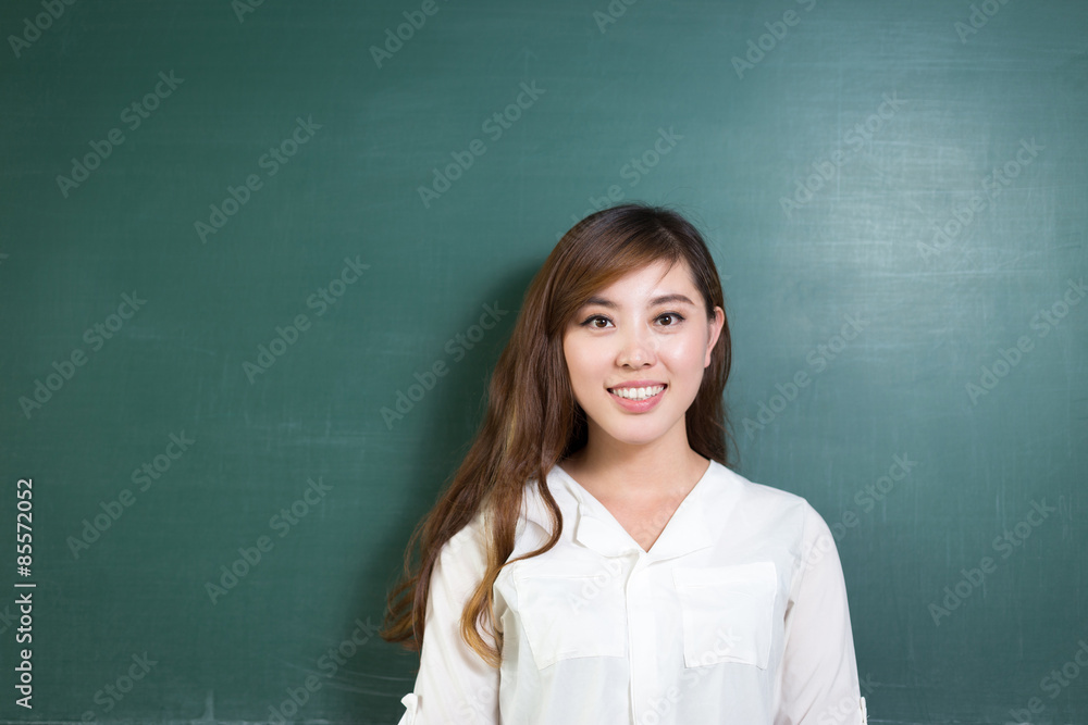 Asian beautiful woman standing in front of blackboard with gesture Asian beautiful woman standing in front of blackboard with gesture