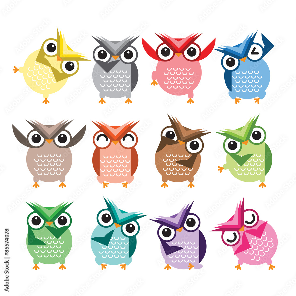 Fototapeta premium Cute Vector Collection of Bright Owls. Vector illustration